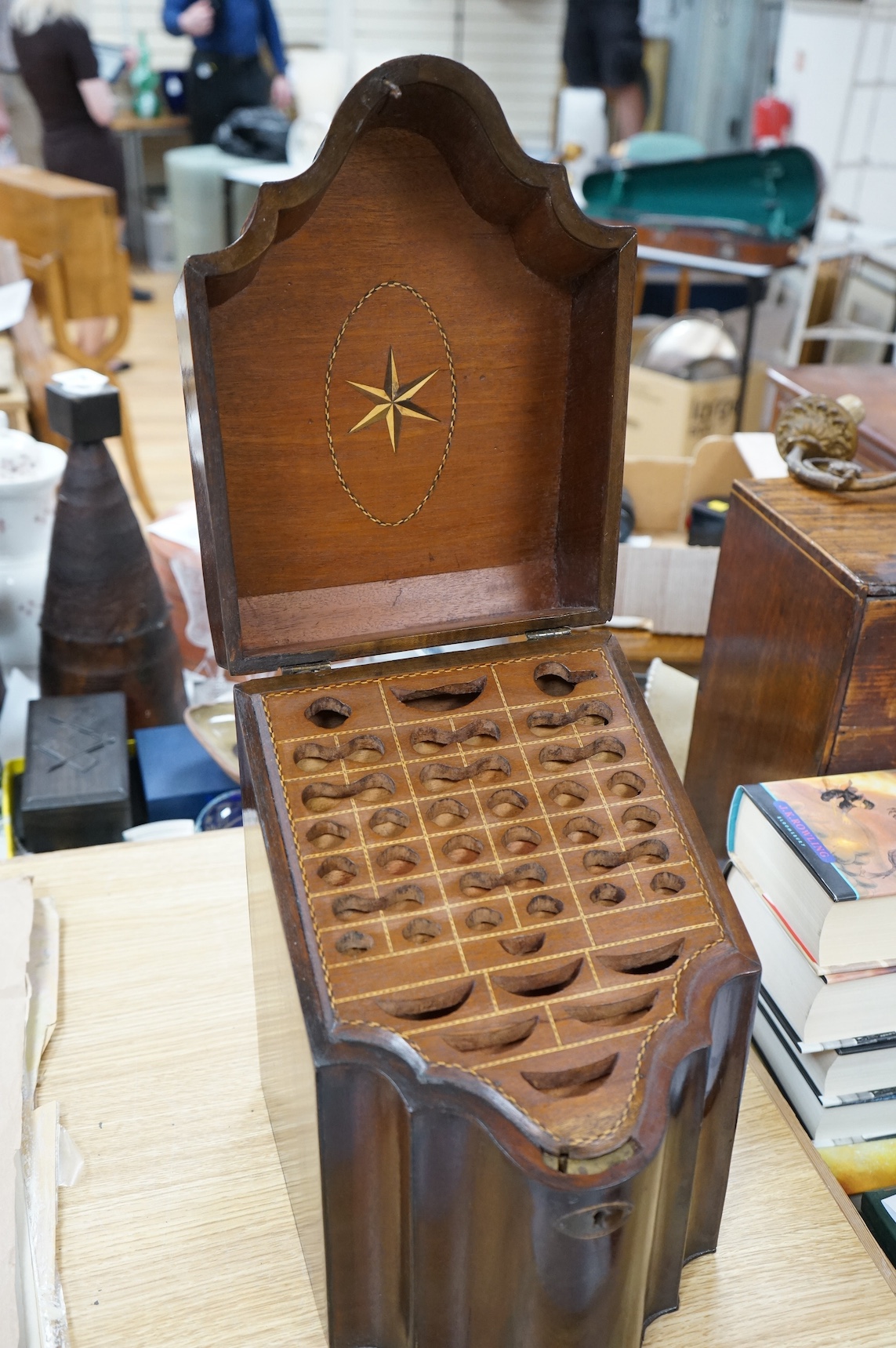 A George III mahogany knife box, original interior, 36.5cm. Condition - fair to good